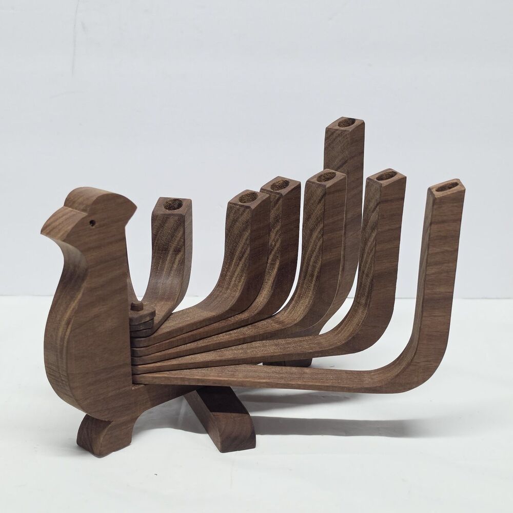 Vintage Scandinavian Wooden Peacock Candelabra Menorah Candlestick Holder